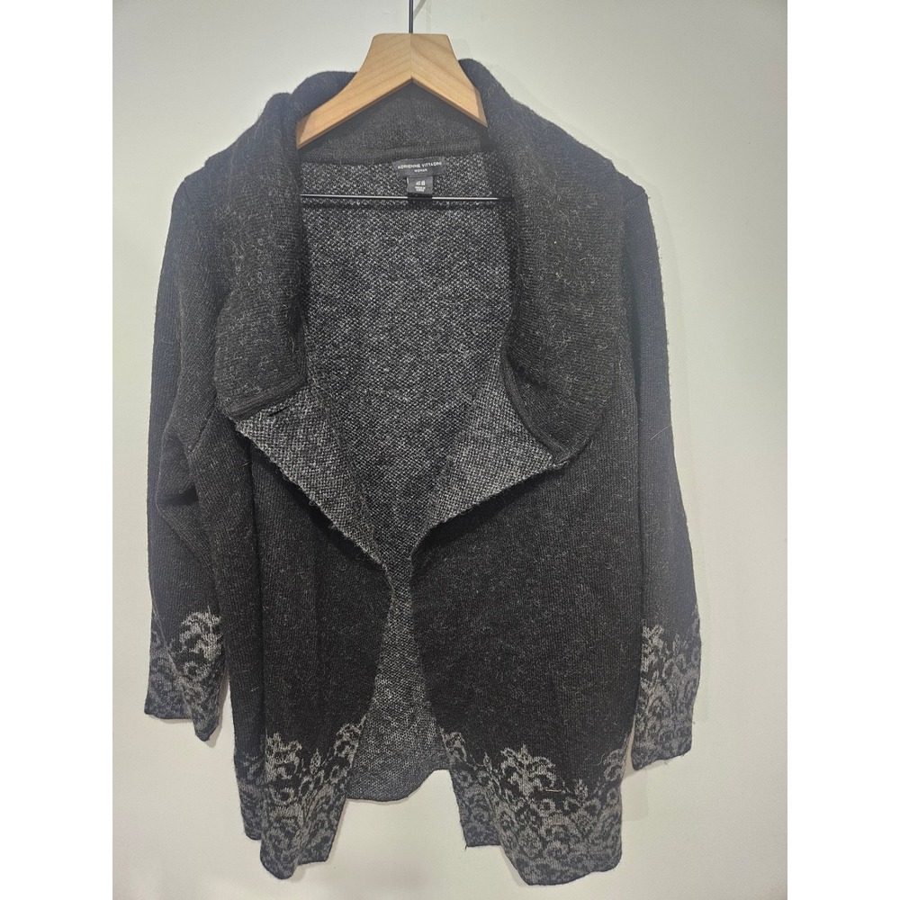 Adrienne Vittadini Woman Gray Wool Blend Draped Cardigan Sweater 1X Damask Print